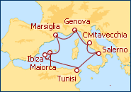 Visualizza l'itinerario della Crociera Italia, Tunisia, Spagna, Francia 