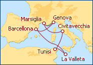Visualizza l'itinerario della Crociera Italia,Spagna,Tunisia, Francia e Malta