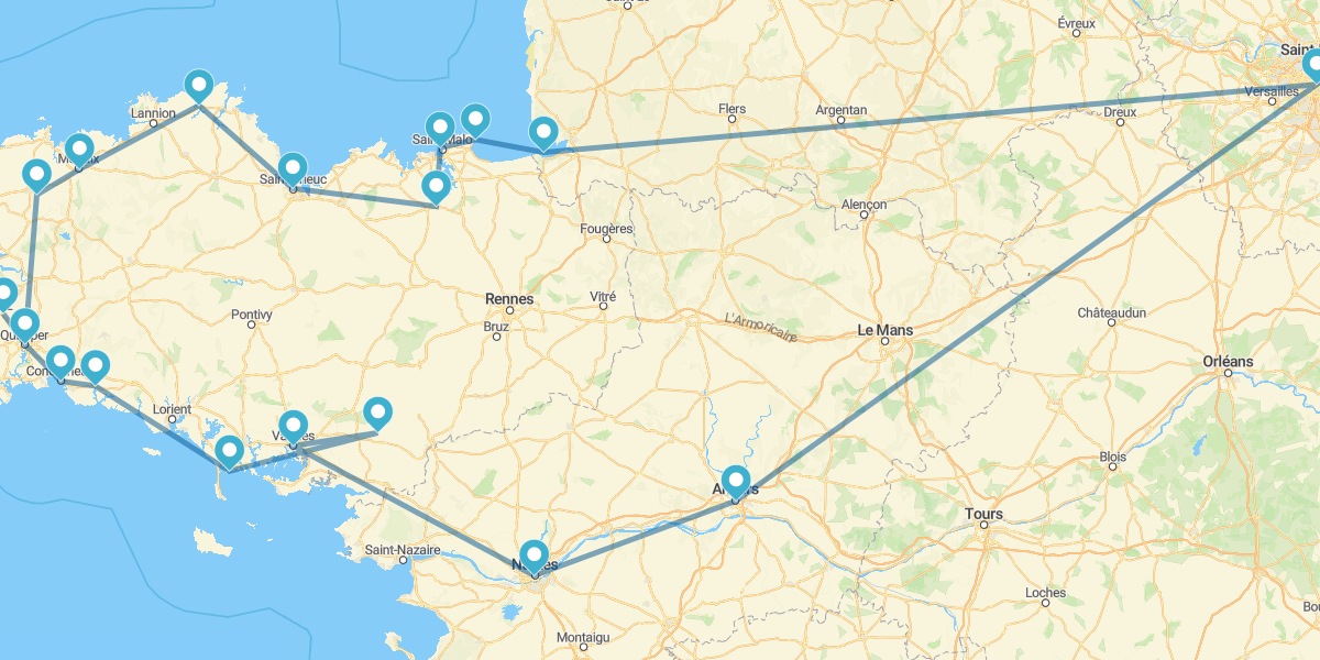 Percorso attraverso la Regione della Bretagna da Parigi