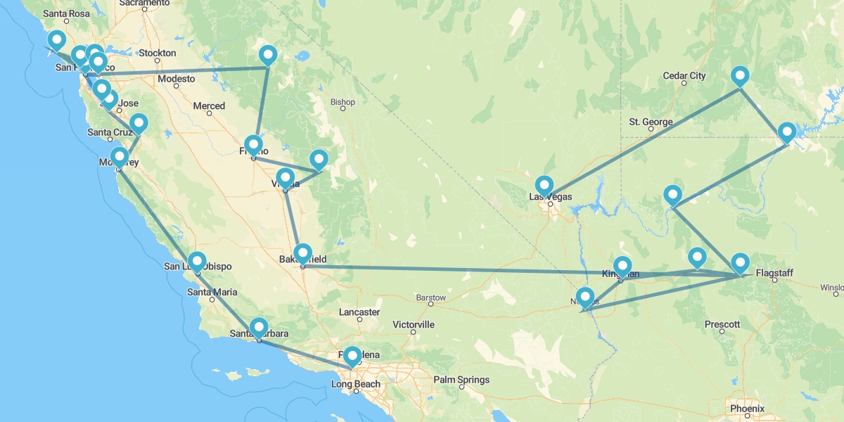 Percorso dalla California al Nevada, con Parchi Naturali