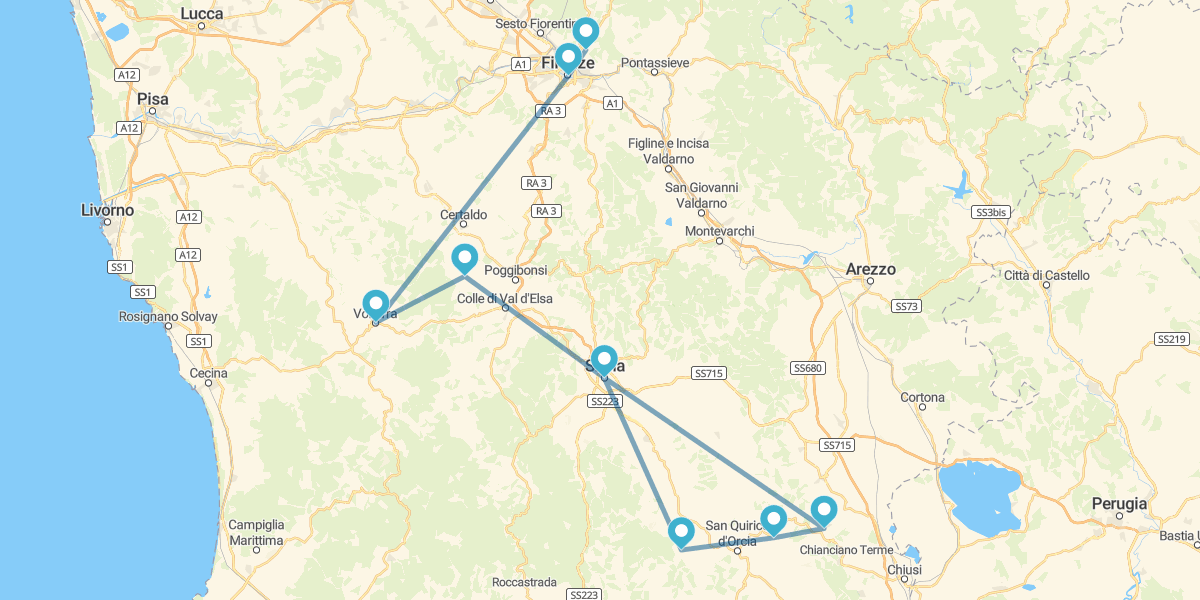 Percorso attraverso la Toscana, da Firenze a Siena