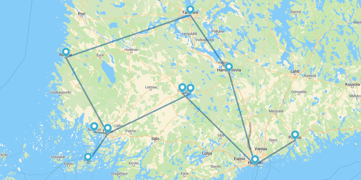 Percorso lungo il Sud-ovest della Finlandia