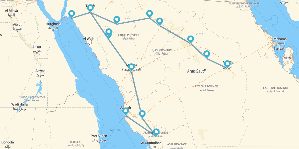 Percorso da Gedda a Riad con Tabuk, Neom e Valle Hisma