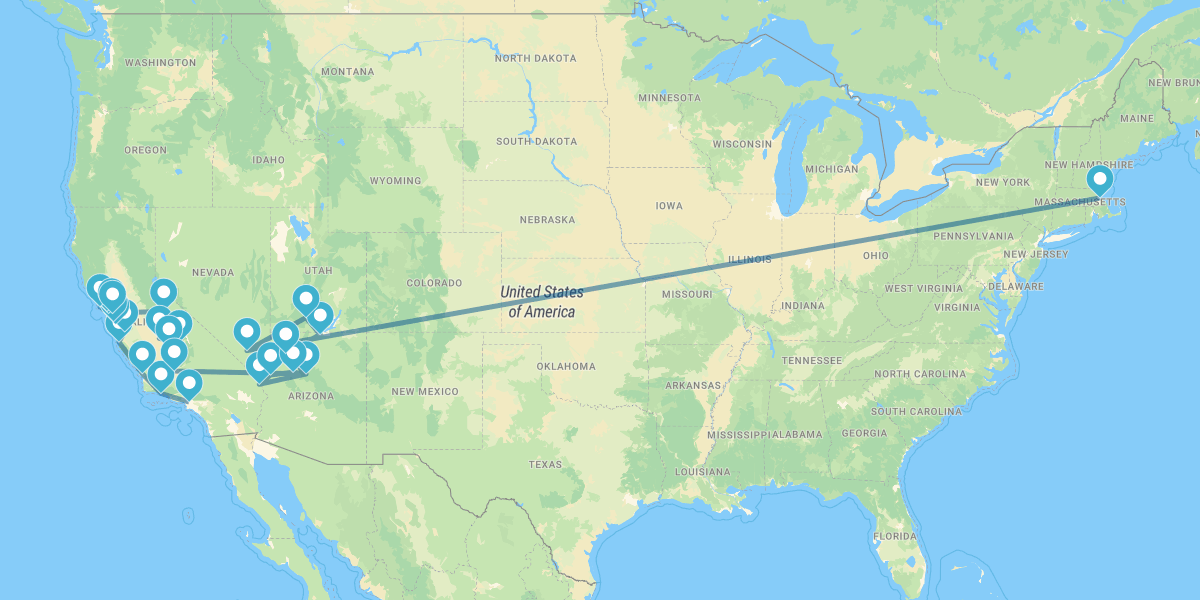 Percorso dalla California al Nevada, con Parchi Naturali e Boston