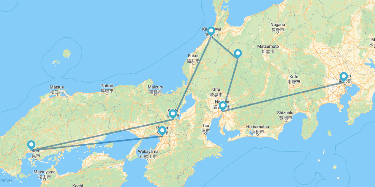 Tokyo, Nagoya, Takayama, Kanazawa, Kyoto, Hiroshima e Osaka