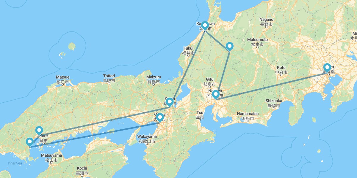 Tokyo, Nagoya, Takayama, Kanazawa, Kyoto, Hiroshima, Miyajima e Osaka