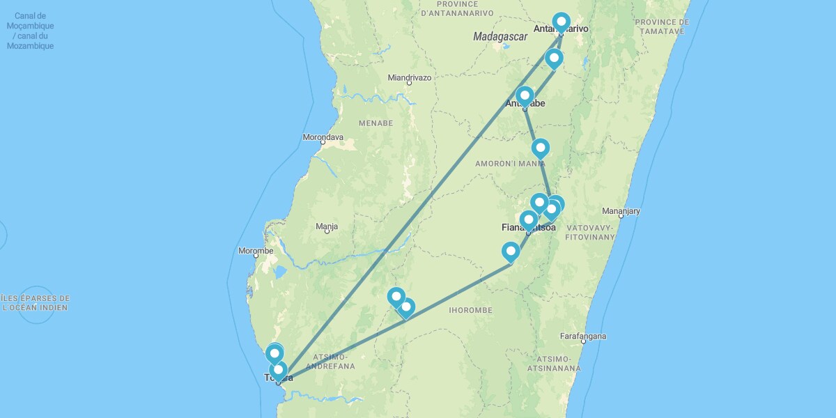 Antananarivo, Antsirabe, Ranomafana, Fianarantsoa, Ranohira e Ifaty