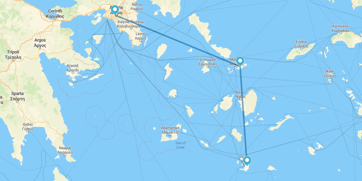 Atene, Mykonos e Santorini in aereo, con trasferimenti e con auto a noleggio