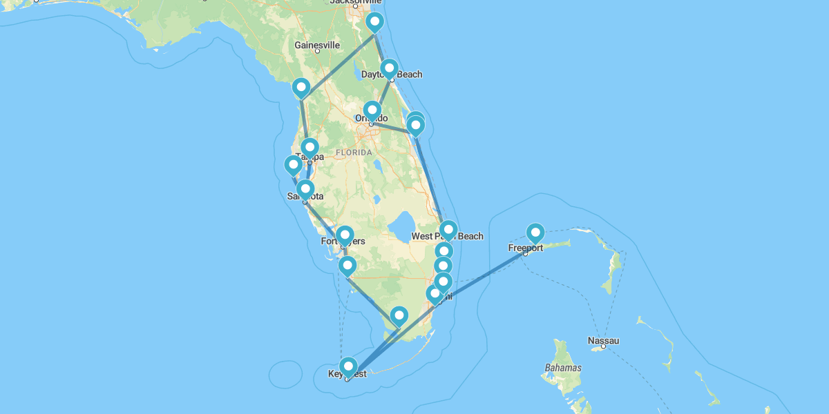 Percorso lungo la Costa della Florida, Orlando e Grand Bahama