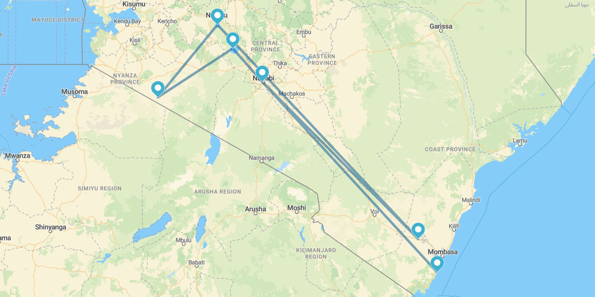 Nairobi, Samburu, Nakuru, Masai Mara e Naivasha con Diani
