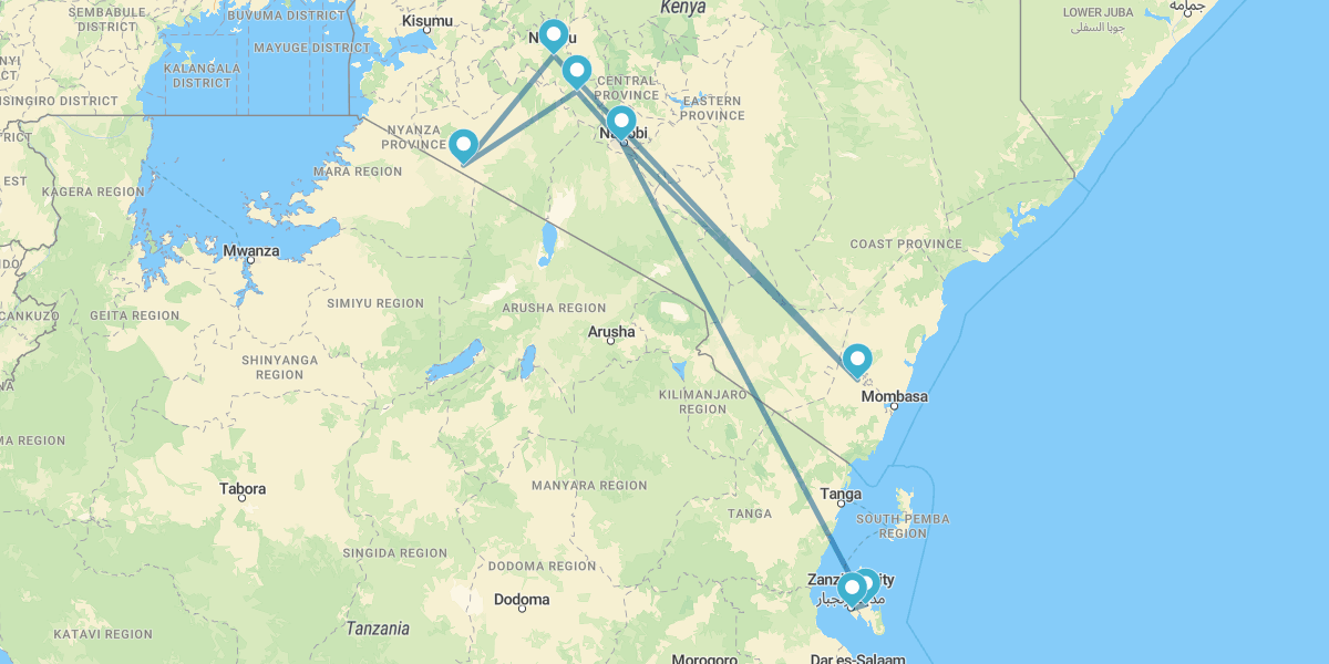 Nairobi, Samburu, Nakuru, Masai Mara e Naivasha con Zanzíbar