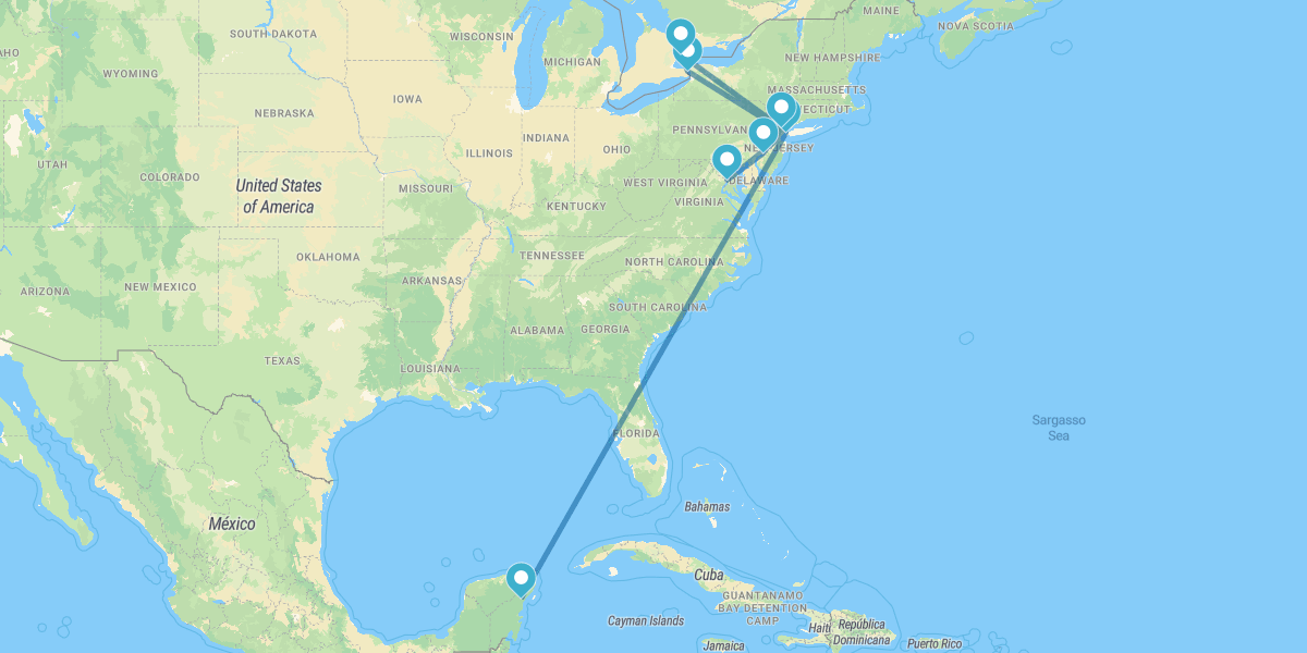 New York, Cascate del Niagara, Toronto, New Jersey, Washington e Riviera Maya