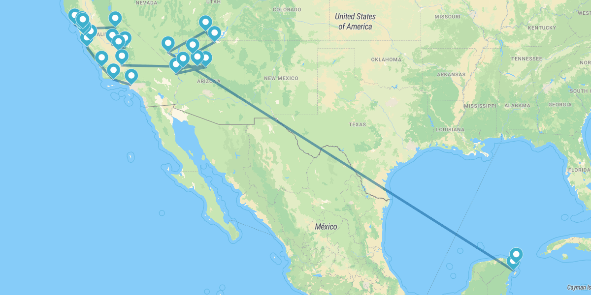 Percorso dalla California al Nevada, con Parchi Naturali e Riviera Maya