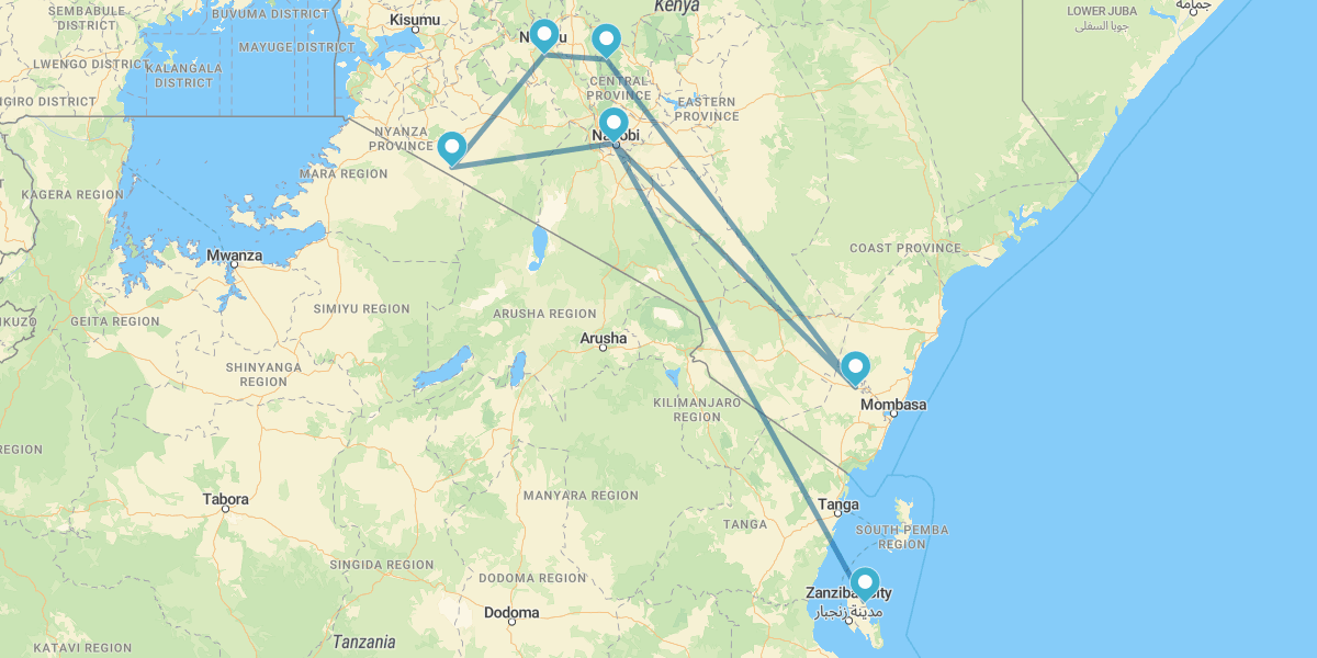 Nairobi, Samburu, Aberdare, Lago Nakuru e Masai Mara con Zanzibar