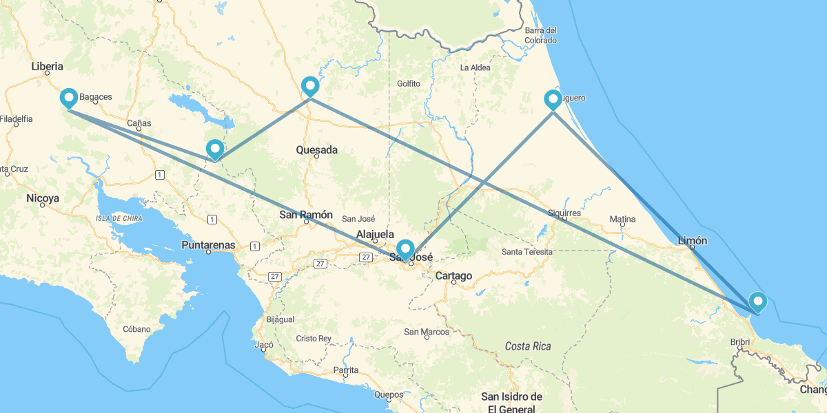 Tortuguero, Caraibi, Arenal, Monteverde, Guanacaste e notte a San José