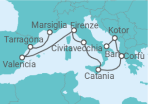 Itinerario della crociera Spagna, Italia, Grecia, Montenegro - MSC Crociere