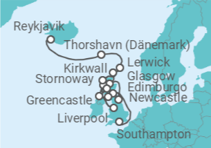 Itinerario della crociera Da Southampton (Inghilterra) a Reykjavik (Islanda) - Explora Journeys